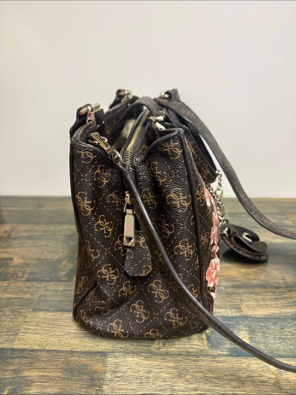 GUESS Brown Satchel with Pink Floral Embroidery